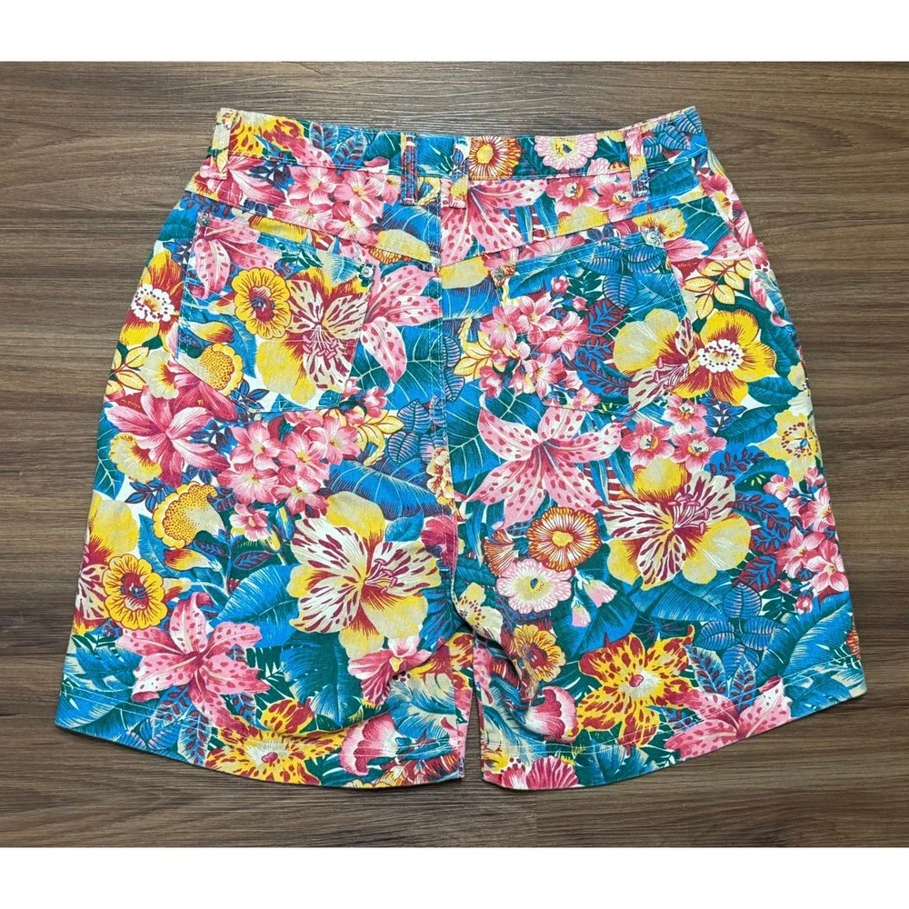 Vintage 80's Sasson Floral High Waisted Denim Shorts Tropical Womens Sz 16
